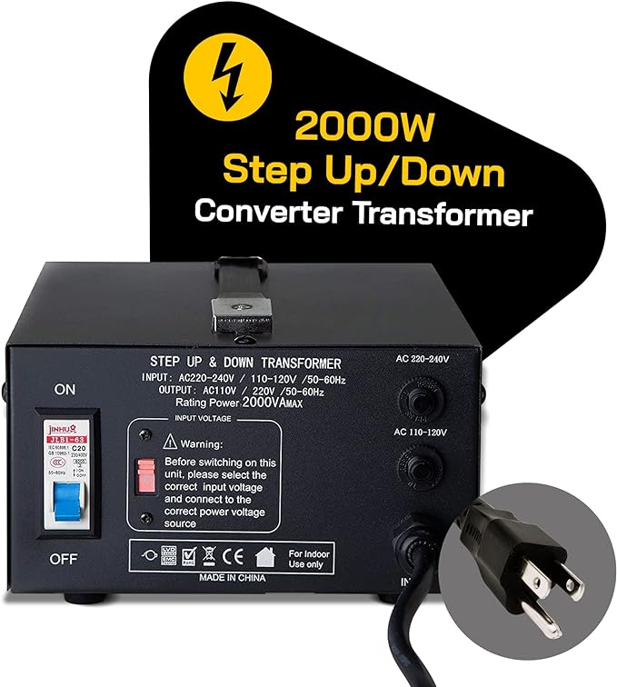 ELC T Series 2000 Watt Voltage Converter Transformer - Step Up/Down - 110v to 220v / 220v to 110v Power Converter - Circuit Breaker Protection, CE Certified [3-Years Warranty]