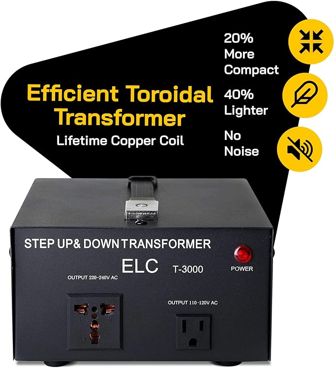 ELC T Series 3000 Watt Voltage Converter Transformer - Step Up/Down - 110v to 220v / 220v to 110v Power Converter - Circuit Breaker Protection, CE Certified [3-Years Warranty]
