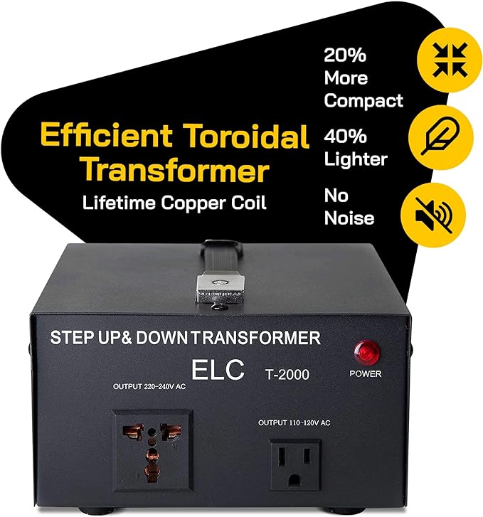 ELC T Series 2000 Watt Voltage Converter Transformer - Step Up/Down - 110v to 220v / 220v to 110v Power Converter - Circuit Breaker Protection, CE Certified [3-Years Warranty]