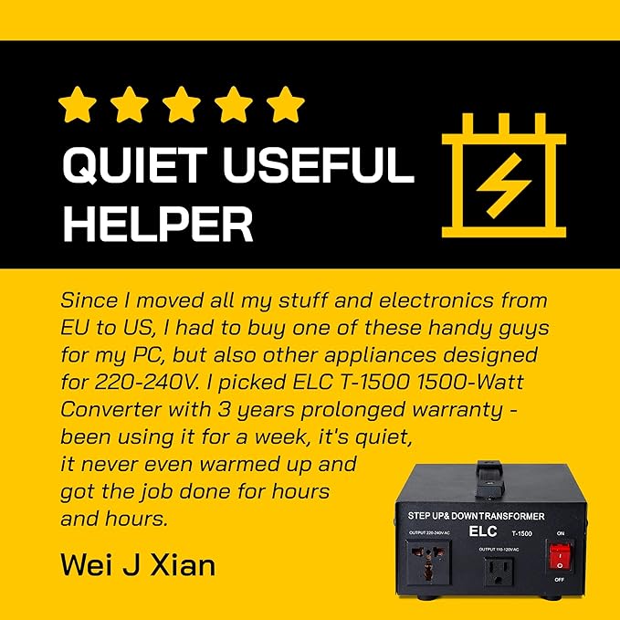 ELC T Series 1500 Watt Voltage Converter Transformer - Step Up/Down - 110v to 220v / 220v to 110v Power Converter - Circuit Breaker Protection, CE Certified [3-Years Warranty]