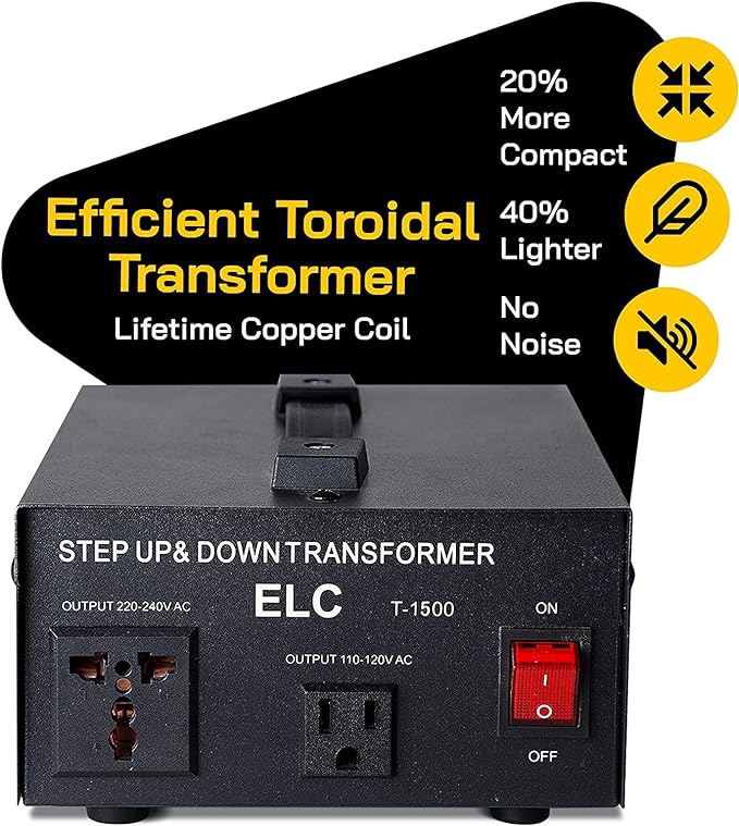ELC T Series 1500 Watt Voltage Converter Transformer - Step Up/Down - 110v to 220v / 220v to 110v Power Converter - Circuit Breaker Protection, CE Certified [3-Years Warranty]