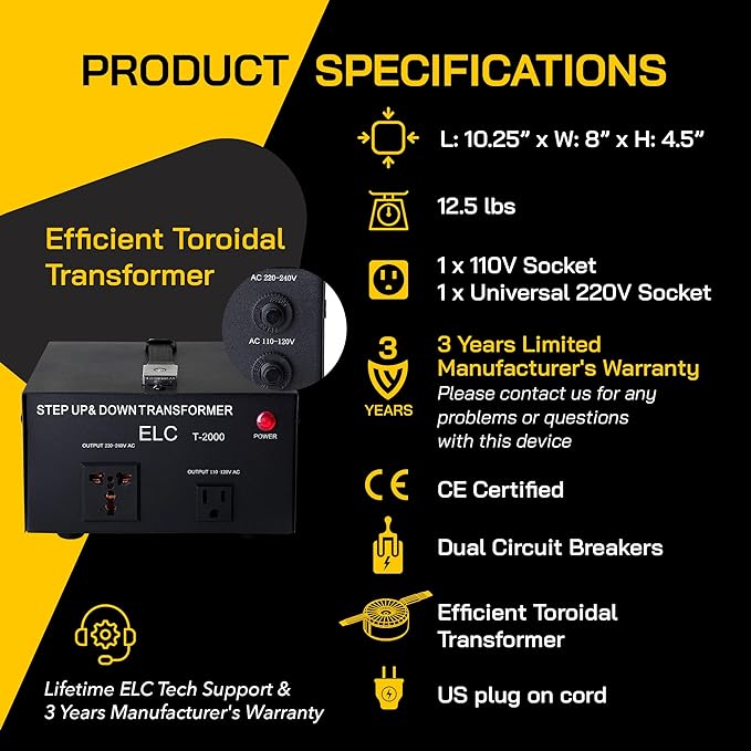 ELC T Series 2000 Watt Voltage Converter Transformer - Step Up/Down - 110v to 220v / 220v to 110v Power Converter - Circuit Breaker Protection, CE Certified [3-Years Warranty]