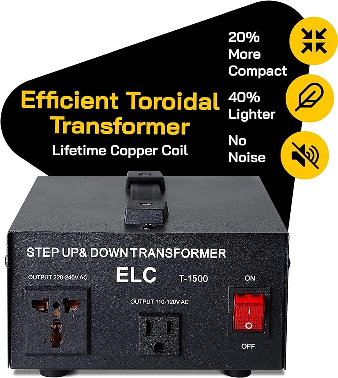 ELC T Series 1500+ Watt Voltage Converter Transformer - Step Up/Down - 110v to 220v / 220v to 110v Power Converter - Circuit Breaker Protection, CE Certified [3-Years Warranty]