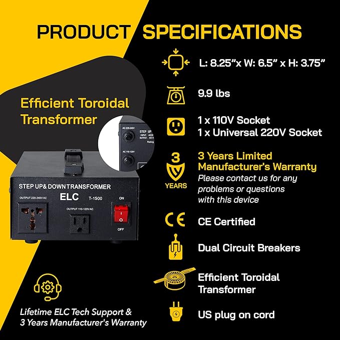 ELC T Series 1500 Watt Voltage Converter Transformer - Step Up/Down - 110v to 220v / 220v to 110v Power Converter - Circuit Breaker Protection, CE Certified [3-Years Warranty]