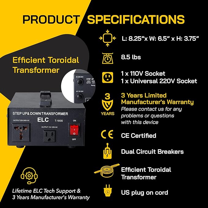 ELC T Series 1000+ Watt Voltage Converter Transformer - Step Up/Down - 110v to 220v / 220v to 110v Power Converter - Circuit Breaker Protection, CE Certified [3-Years Warranty]