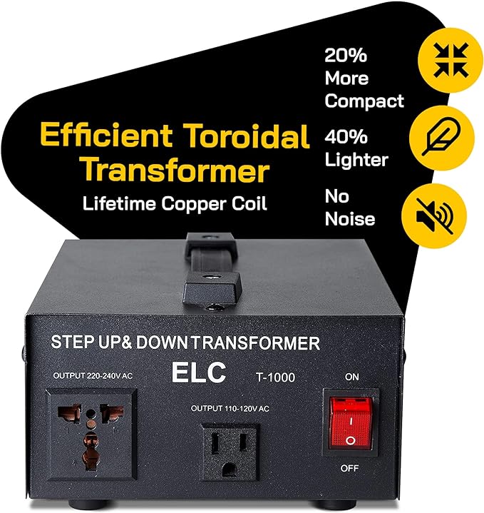 ELC T Series 1000+ Watt Voltage Converter Transformer - Step Up/Down - 110v to 220v / 220v to 110v Power Converter - Circuit Breaker Protection, CE Certified [3-Years Warranty]